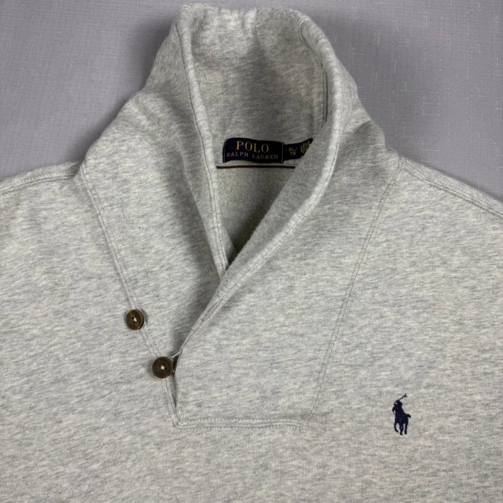 Polo Ralph Lauren Shawl Collar Sweatshirt Gray Elbow Patches Mens XL Fleece